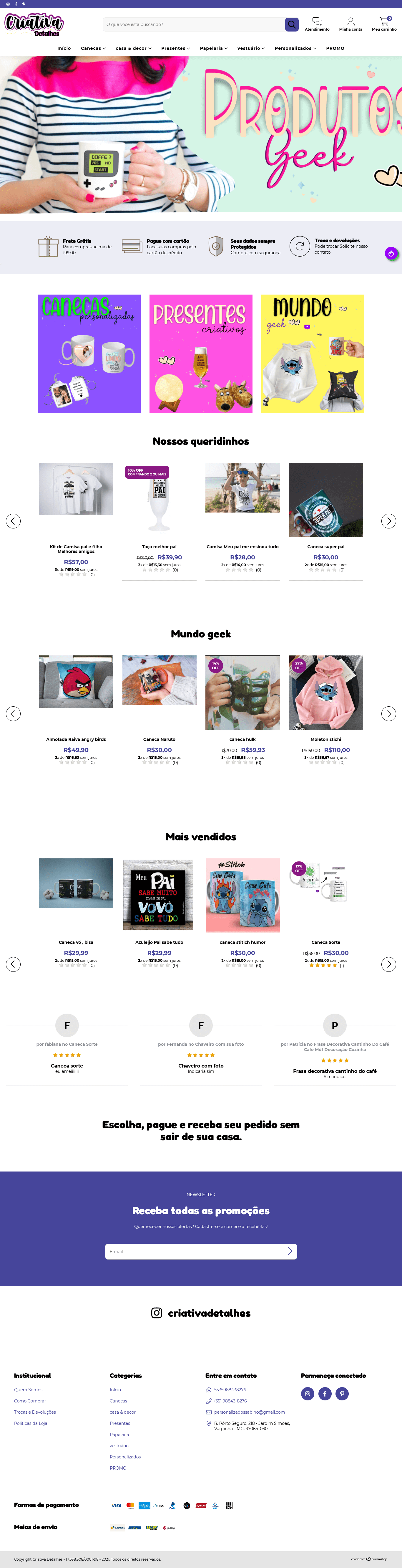 Layout Loja virtual de produtos personalizados