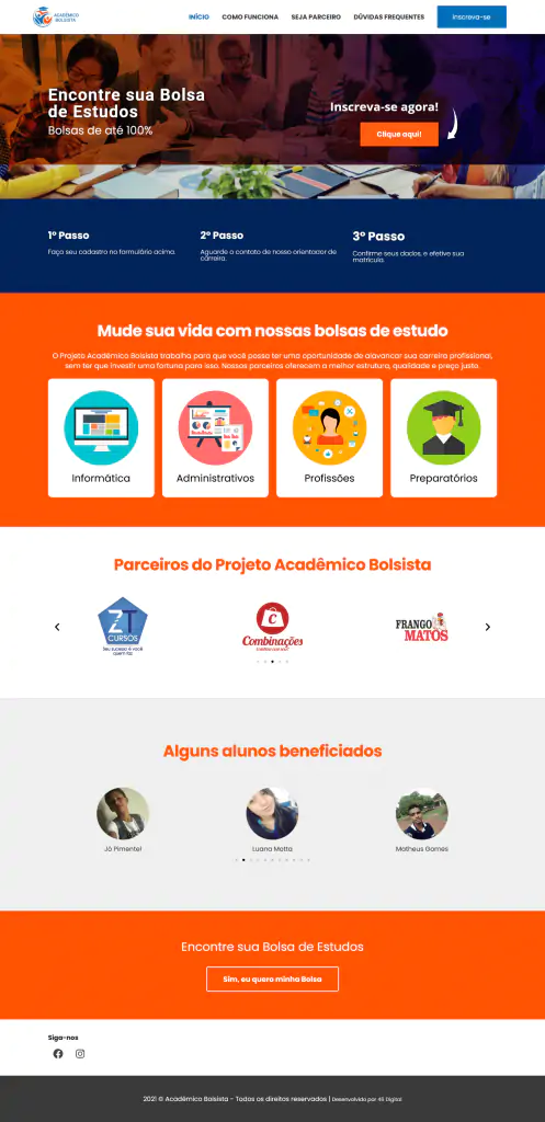 Layout site projeto de bolsas de estudo